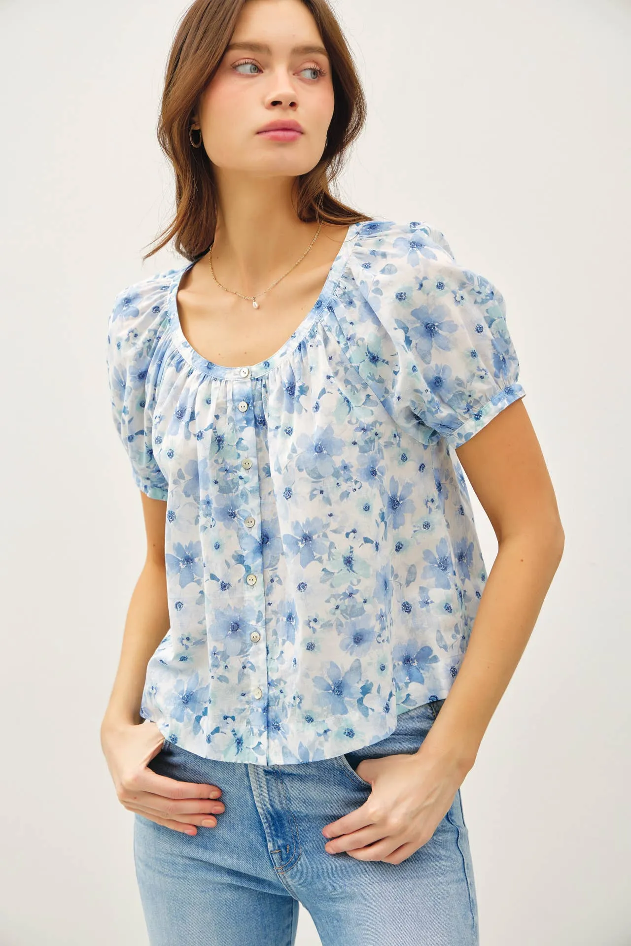 FLORAL BOXY PUFF SLEEVE BUTTON UP TOP