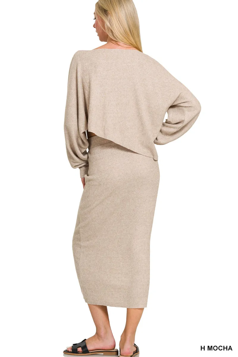 Mocha Midi Skirt Asymmetrical Sweater Set